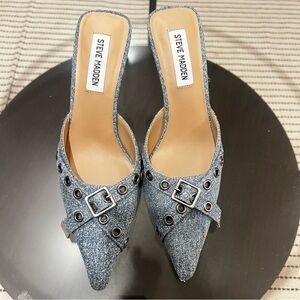 Steve Madden Denim Buckle Mules